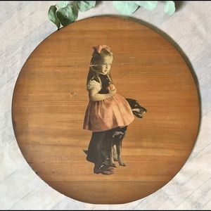 Vintage 60s Pickle Barrel Wood Lid Wall Art with Appliqué | Girl Dog